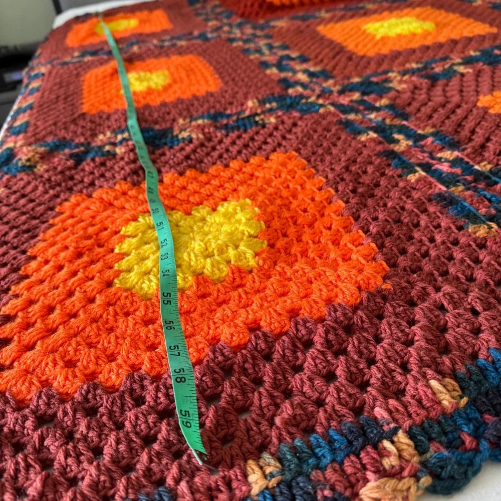 Vintage Handmade Crochet Granny Square Afghan Knit Throw Blanket Orange Maroon